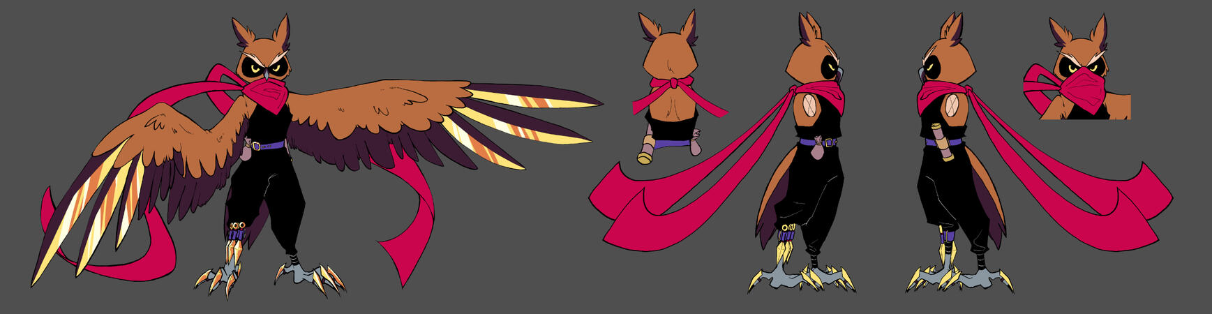 A character I developed as an owl assassin, based on the great horned owl and the owl's ability to hunt silently. This character is infamous and is in it for the money. Has a cocky attitude.