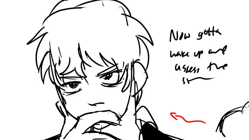 Keiji: [Thinking] Now... gotta wake up and assess the situation.